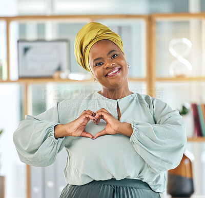 Buy stock photo Black woman, business and heart hands, smile in portrait and professional mindset with emoji and love career. Female lawyer, hand gesture and care, vote and health, feedback and support in workplace