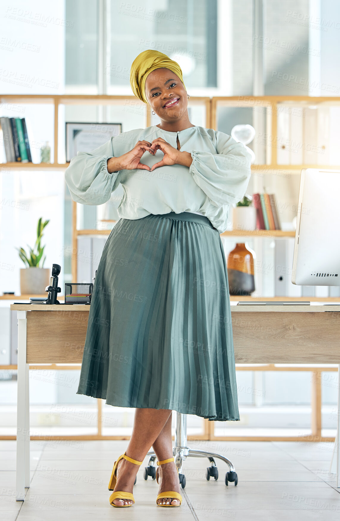 Buy stock photo Black woman, corporate and heart hands, happy in portrait and professional mindset with emoji and love career. Female person, hand gesture and care, vote and health, feedback and support in workplace