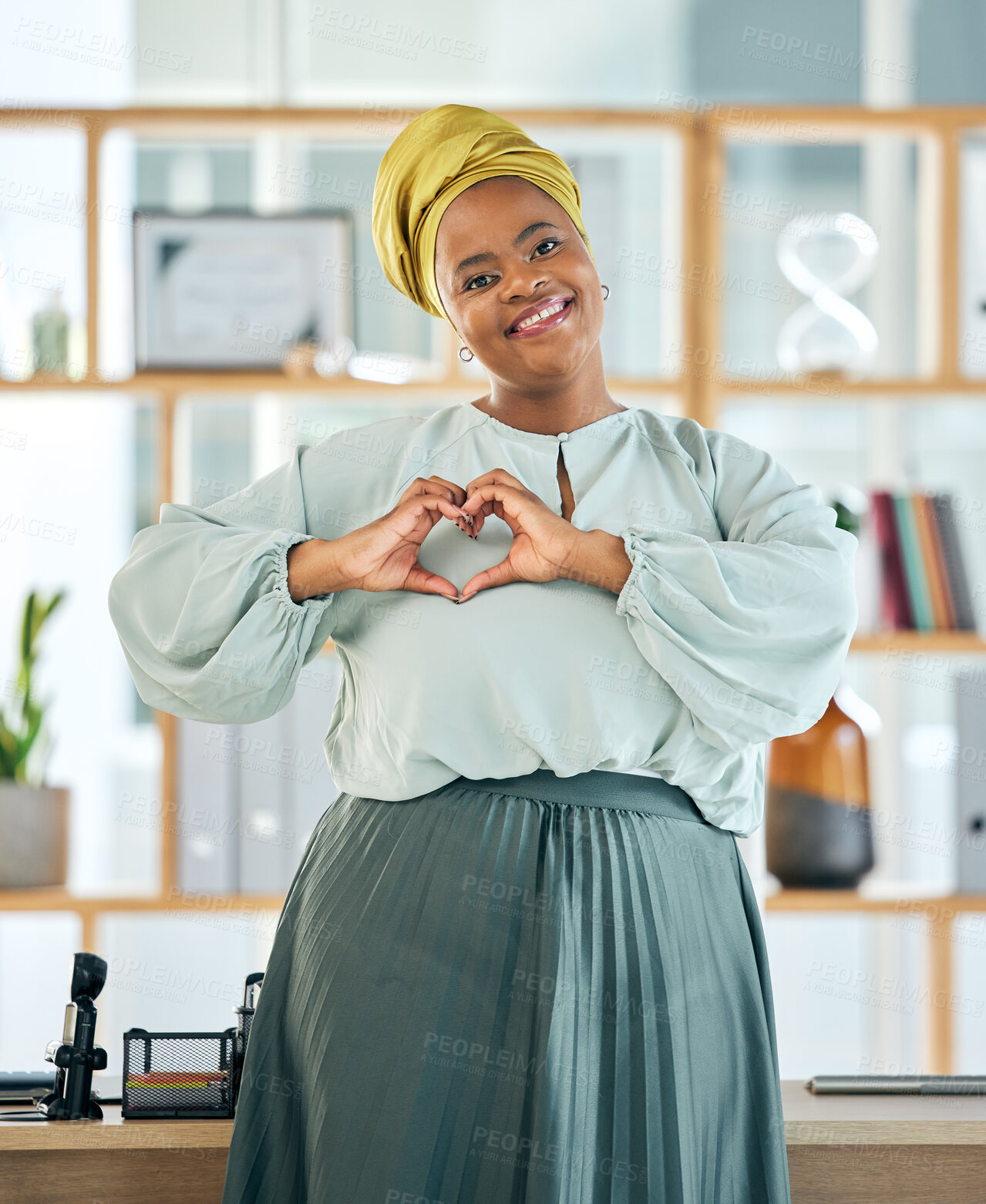 Buy stock photo Black woman, corporate and heart hands, smile in portrait and professional mindset with emoji and love career. Female lawyer, hand gesture and care, vote and health, feedback and support in workplace