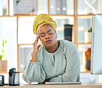 Black woman, burnout and headache with work fatigue and stress, health problem and crisis with overworked employee. African female person, migraine and brain fog, tired with fail and overwhelmed