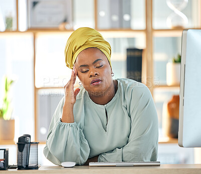 Buy stock photo Black woman, burnout and headache with work fatigue and stress, health problem and crisis with overworked employee. African female person, migraine and brain fog, tired with fail and overwhelmed