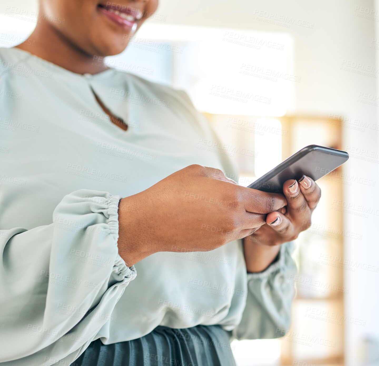 Buy stock photo Phone, hands and businesswoman in the office networking on social media, mobile app or the internet. Technology, online and closeup of professional female person typing a text message on a cellphone.