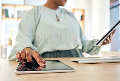 Buy stock photo Hand, digital tablet and business woman in office for creative, research and planning closeup. Screen, finger and female designer online for idea, social media or email marketing, project or plan