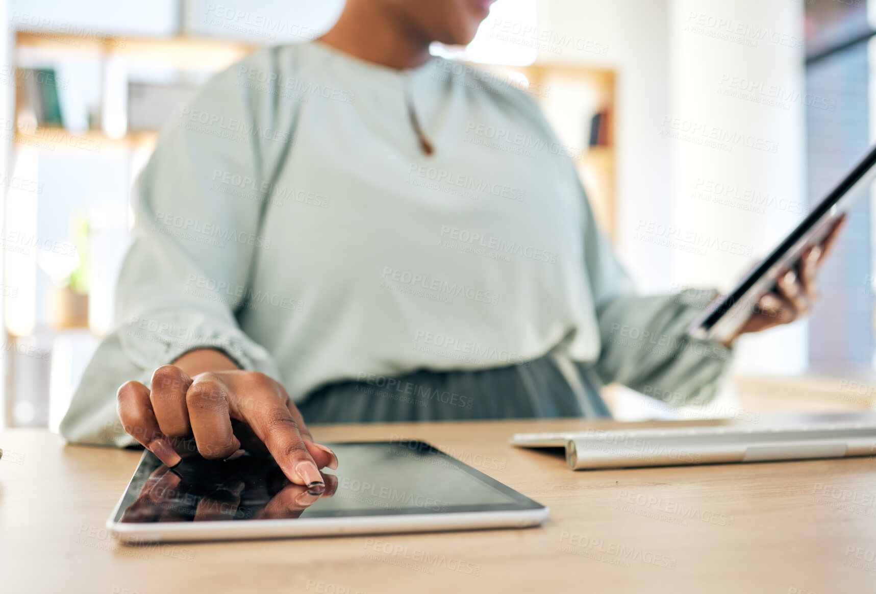 Buy stock photo Hand, digital tablet and business woman in office for creative, research and planning closeup. Screen, finger and female designer online for idea, social media or email marketing, project or plan