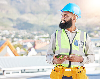 Buy stock photo Happy black man, architect and thinking with tablet in city for construction, vision or rooftop installation. African male person, engineer or contractor with technology for building or architecture