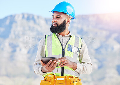 Buy stock photo Black man, architect and thinking with tablet in city for construction planning, vision or rooftop installation. African male person, engineer or contractor with technology in wonder for architecture