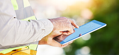 Buy stock photo Man, architect and hands on tablet in city for communication, planning or networking on site. Closeup of male person, engineer or contractor working on technology for project plan in construction