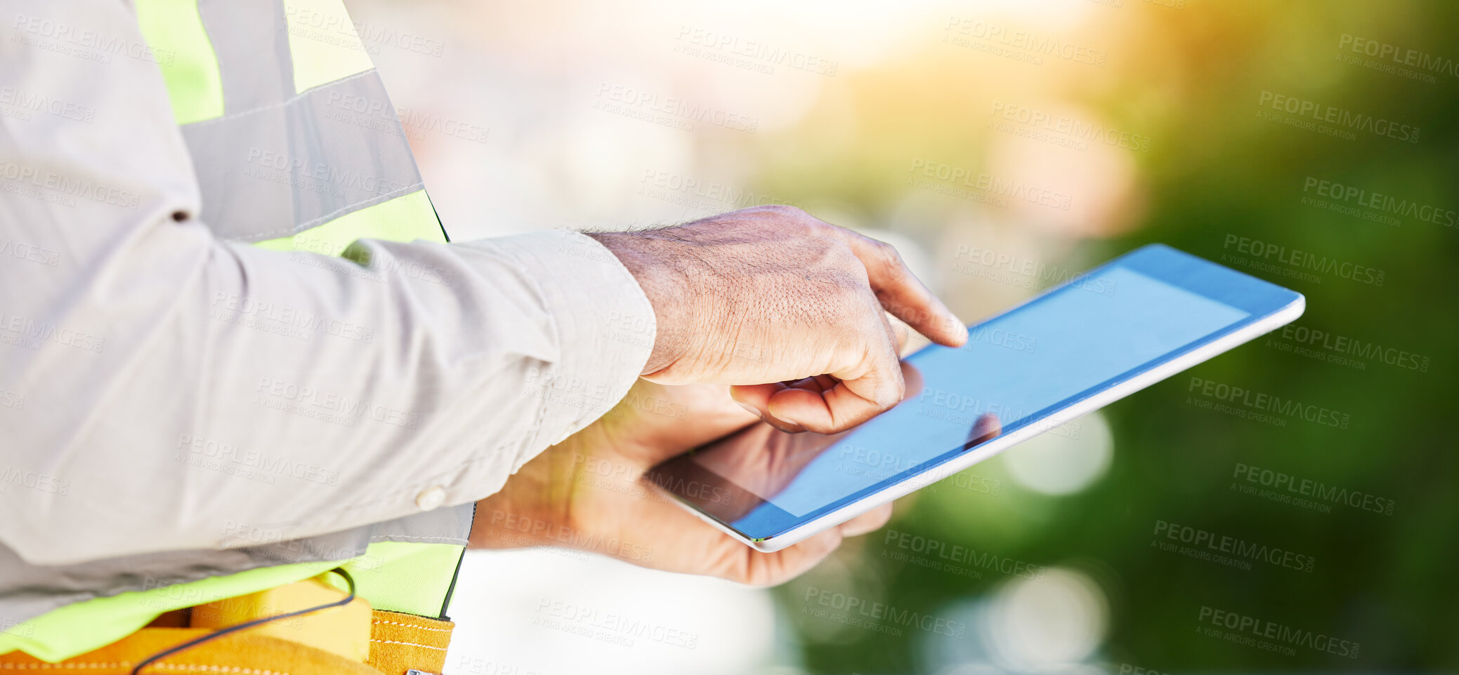 Buy stock photo Man, architect and hands on tablet in city for communication, planning or networking on site. Closeup of male person, engineer or contractor working on technology for project plan in construction