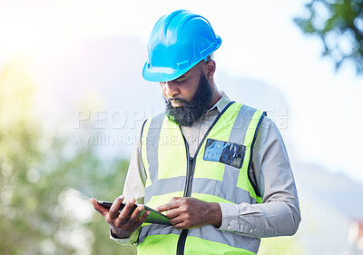 Buy stock photo Construction worker, tablet and building inspection check with industrial employee with tech. African male person, professional and builder research with website and app for engineer project outdoor