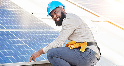 Buy stock photo Black man, portrait and technician in solar panel installation on rooftop in city for renewable energy. Happy African male person, engineer or contractor working on roof in sun for electricity power