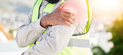 Buy stock photo Man, architect and hands with shoulder pain in city from injury, accident or muscle tension on rooftop. Closeup of male person with sore arm, ache or joint inflammation during construction on site