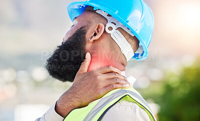 Buy stock photo Black man, architect and hands with neck pain in city from injury, accident or muscle tension on rooftop. Closeup of male person with sore bone, ache or joint inflammation during construction on site