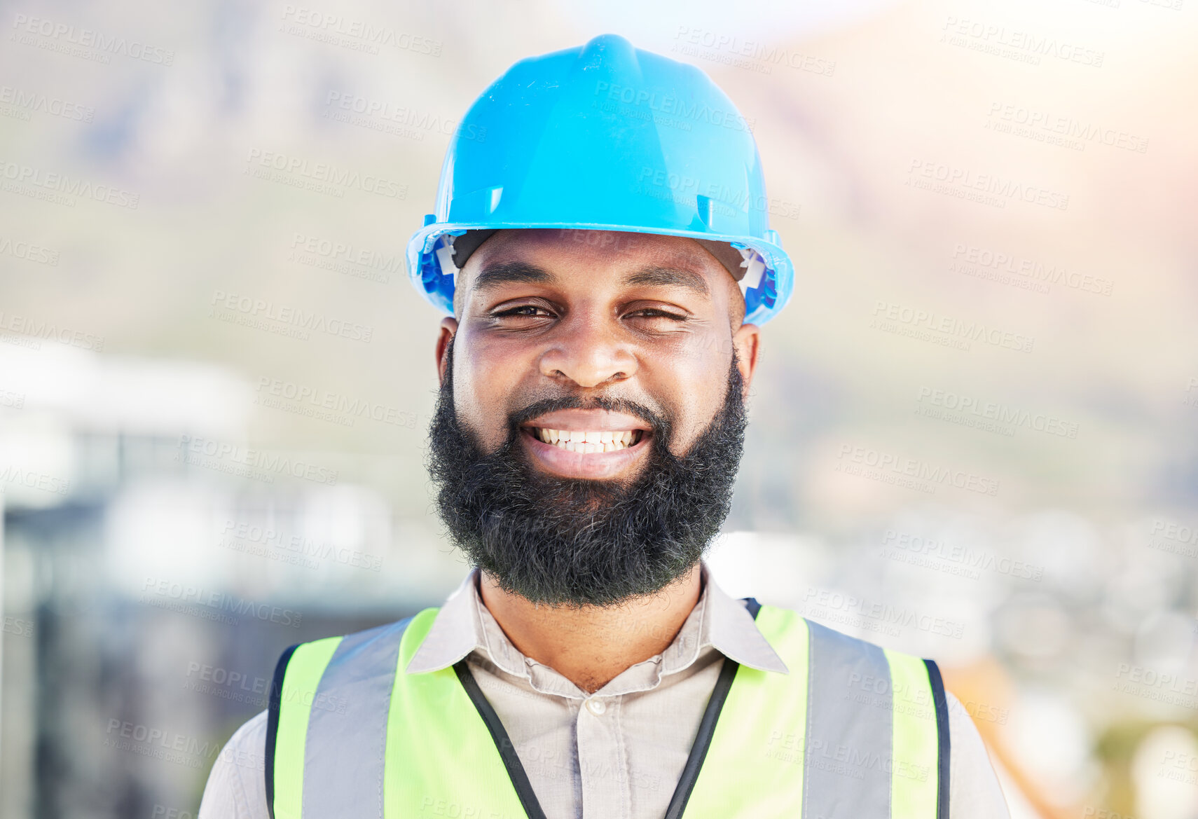 Buy stock photo Happy black man, portrait and architect in city for professional construction or career ambition on site. Face of African male person, engineer or contractor smile for industrial architecture on roof