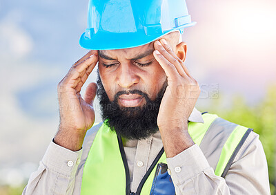 Buy stock photo Black man, architect and headache in city from stress, anxiety or mental health burnout. Frustrated and tired African male person with head pressure or fatigue during construction on outdoor site