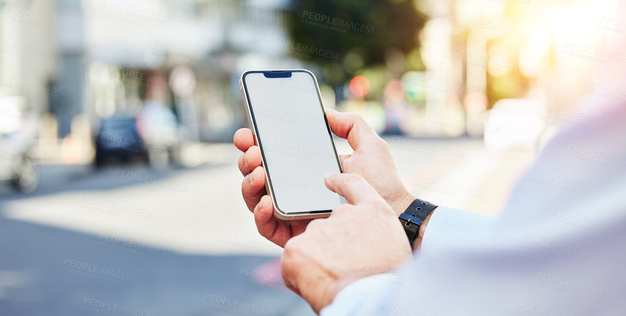 Buy stock photo Phone, mockup and hands in a city for travel with space for advertising, contact or information. Smartphone, screen and person online for location, directions or guide, app or navigation in a street