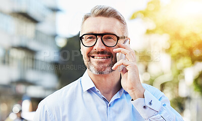 Buy stock photo Phone call, city and mature businessman talking on mobile conversation and networking with connection online. Internet, smartphone and man employee smile and speaking as outdoor communication