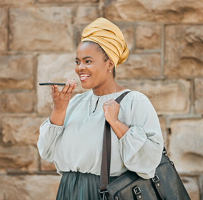 Buy stock photo Young woman on loudspeaker phone call in the city walking in urban street with a briefcase. Voice note, technology and African female designer recording audio memo or message on a cellphone in town.