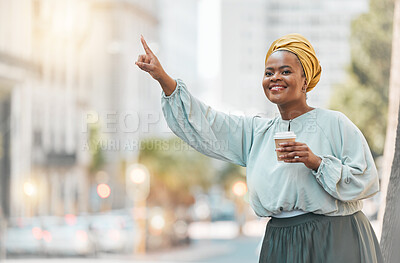 Buy stock photo Travel, city and happy black woman try to stop taxi, cab or metro bus for transport, morning journey or ride. Smile, road transportation service and African person gesture at car for urban commute
