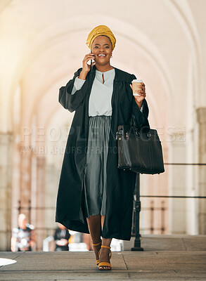 Buy stock photo Woman with coffee, phone call and lawyer outside court with smile, consulting on legal advice and walking to work. Cellphone, law firm attorney or happy judge networking, talking and chat in city.