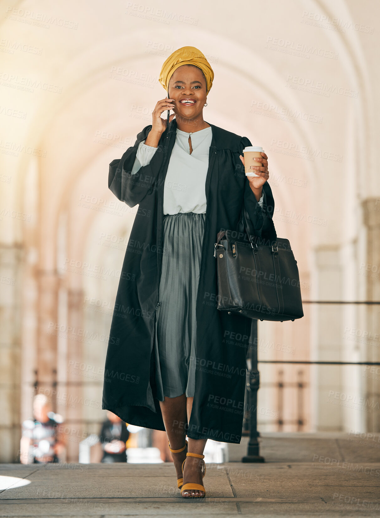 Buy stock photo Woman with coffee, phone call and lawyer outside court with smile, consulting on legal advice and walking to work. Cellphone, law firm attorney or happy judge networking, talking and chat in city.