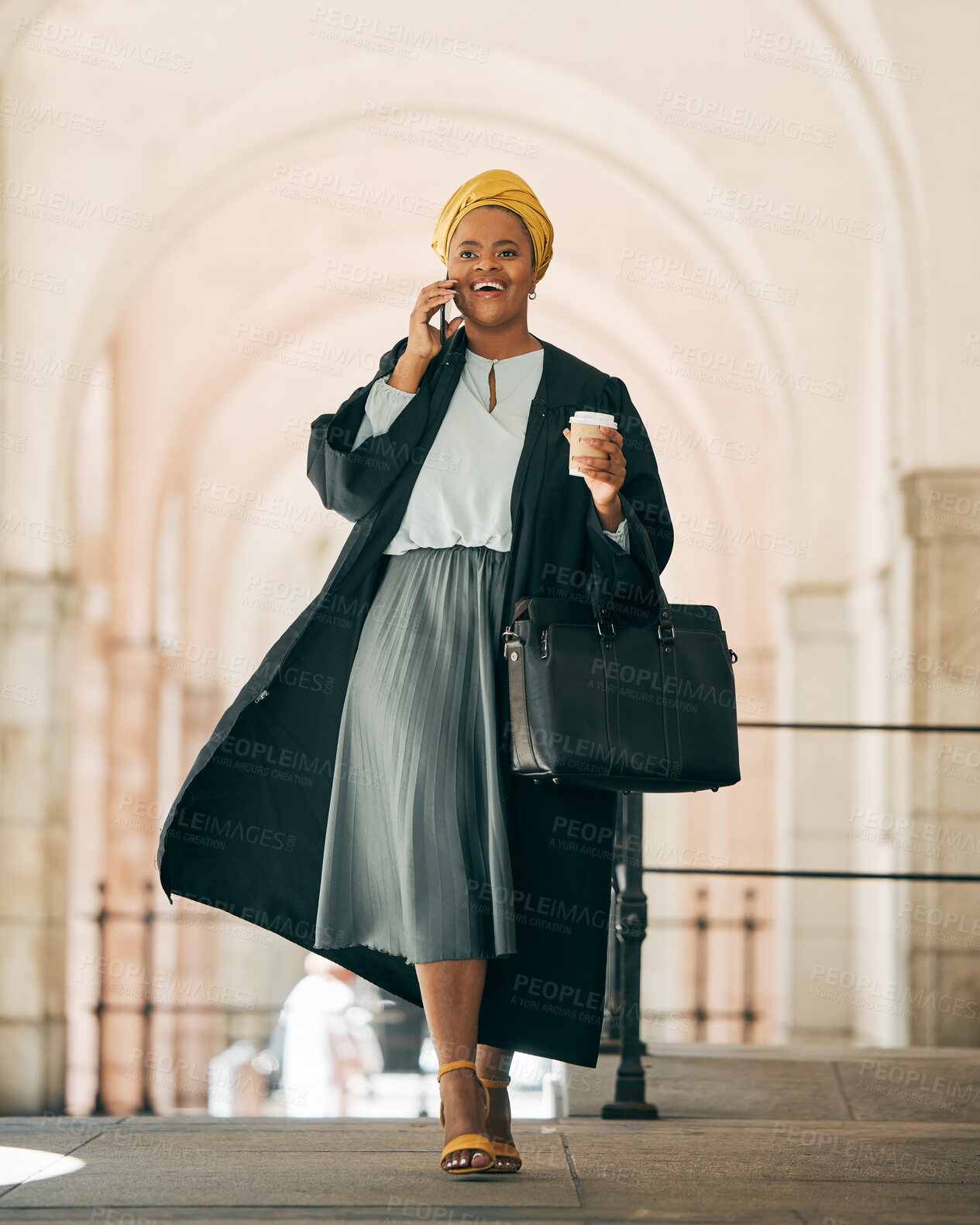 Buy stock photo Black woman with coffee, phone call and lawyer outside court with smile, consulting on legal advice and walk to work. Cellphone, law firm attorney or happy judge networking, talking and chat in city.