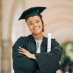 Happy, smile and portrait of woman at graduation with degree, diploma or certificate scroll. Success, education and young African female university graduate with crossed arms for confidence on campus