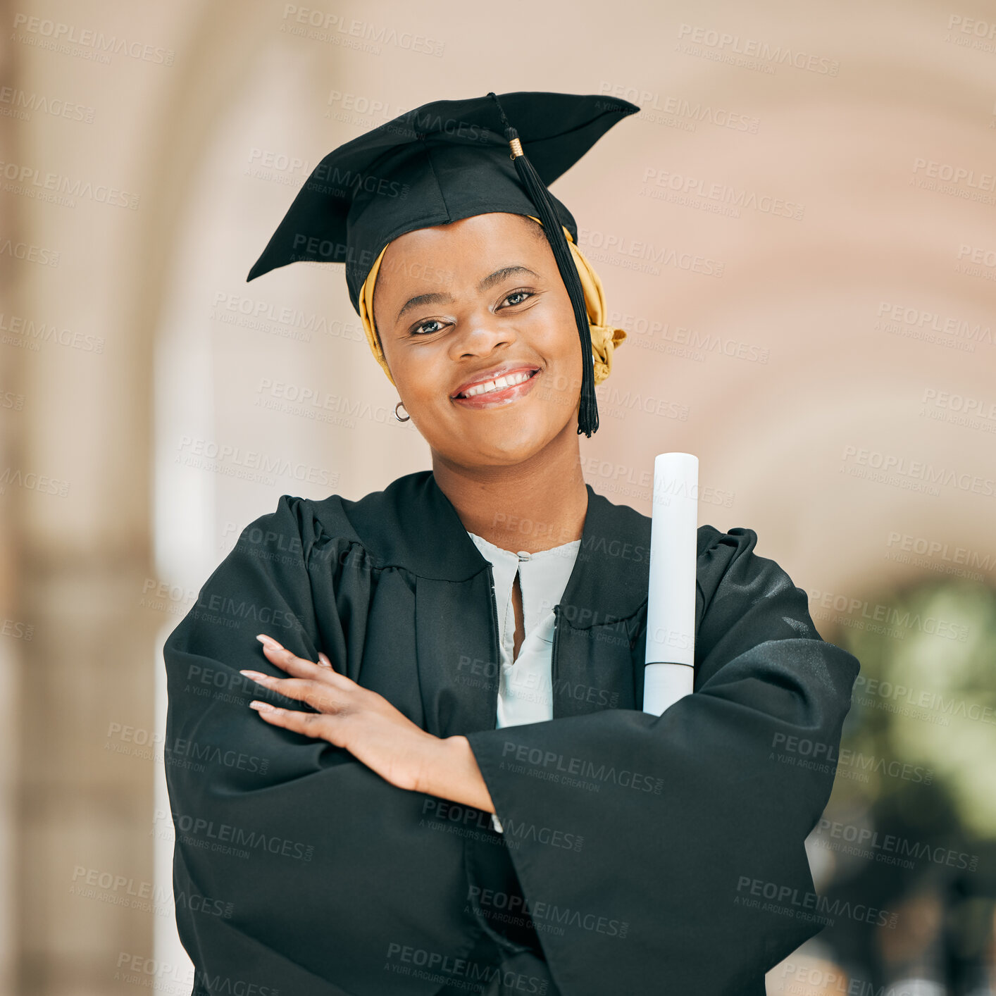 Buy stock photo Happy, smile and portrait of woman at graduation with degree, diploma or certificate scroll. Success, education and young African female university graduate with crossed arms for confidence on campus