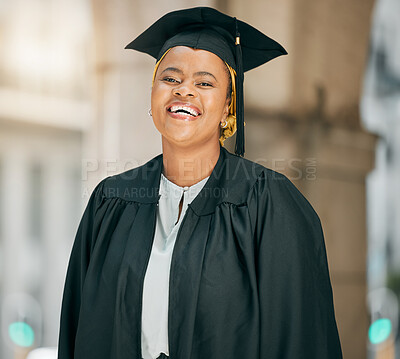 Buy stock photo University graduate, portrait and happy black woman with school success, college education achievement or happiness. Campus study, goals accomplishment and African student smile for learning degree
