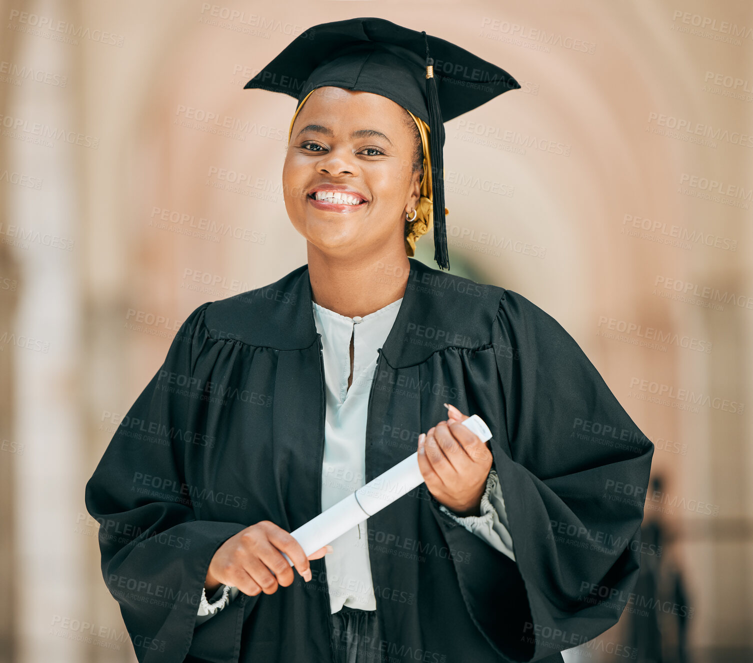 Buy stock photo Smile, college and portrait of woman at graduation with degree, diploma or certificate scroll. Success, happy and young African female university graduate with crossed arms for confidence on campus.
