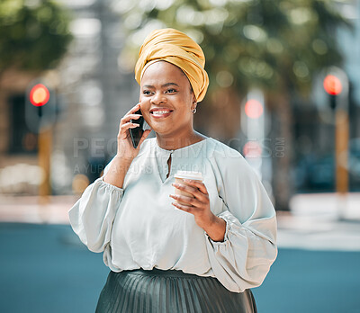 Buy stock photo Phone call, city and business African woman for contact, networking and connection in urban town. Travel, corporate worker and female person on smartphone for talking, conversation and communication