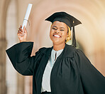 College student, graduation certificate or black woman excited, smile or celebrate school, university education or diploma. Milestone, congratulations or African portrait person with learning success