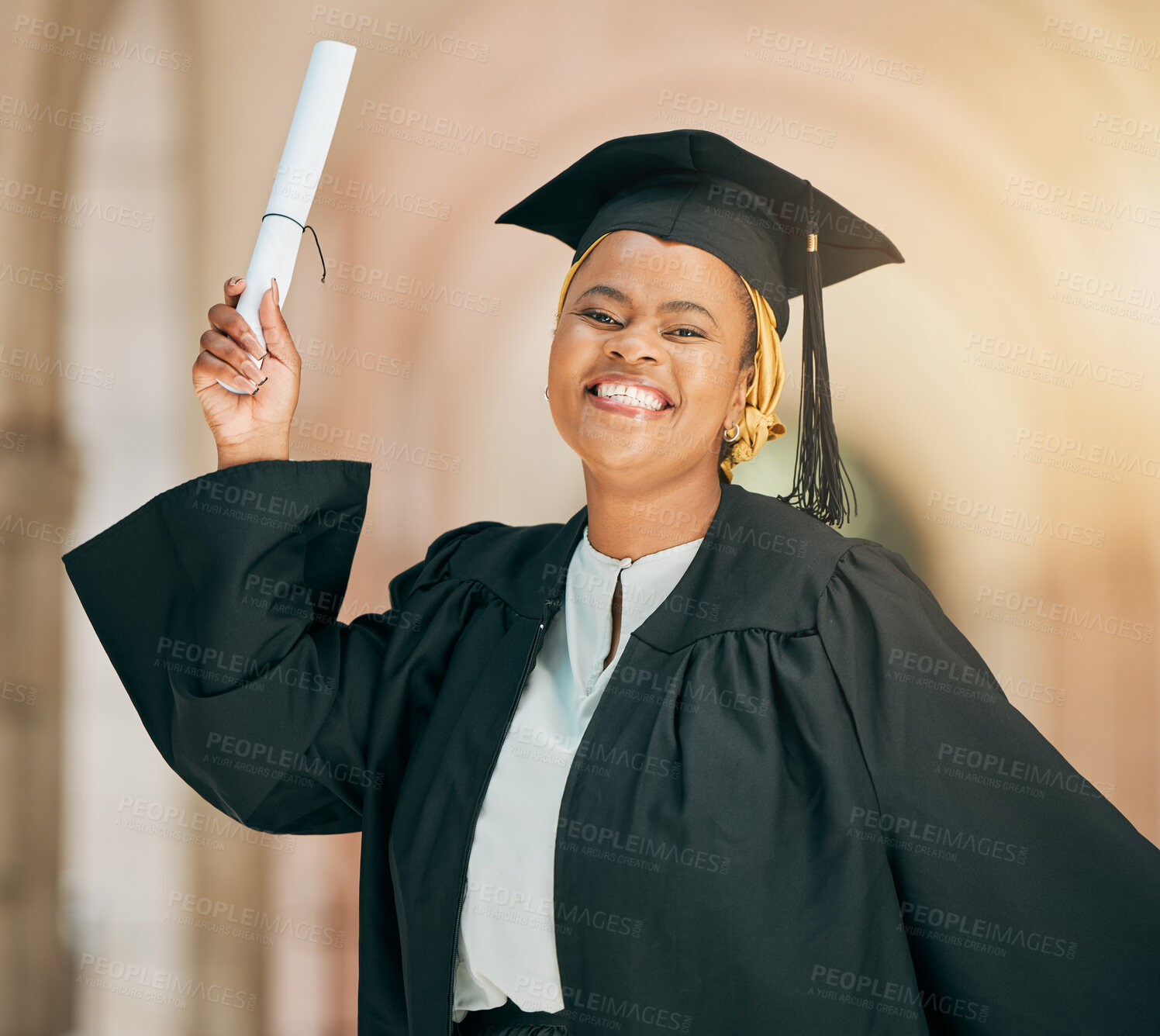 Buy stock photo College student, graduation certificate or black woman excited, smile or celebrate school, university education or diploma. Milestone, congratulations or African portrait person with learning success