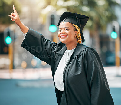 Buy stock photo City travel, student and black woman stop, point or hail taxi, cab or metro bus for transport ride to university graduation. Happy, education and African college person gesture for morning car trip
