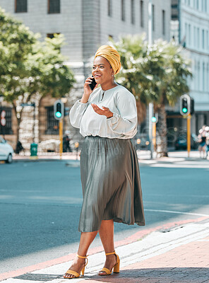 Buy stock photo Phone call, talking and business black woman in city for contact, network and connection in town. Travel, corporate and female person on smartphone for discussion, conversation and communication