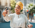 City, business and black woman with a smile, selfie and confident with happiness, memory and profile picture. Female person, professional or happy entrepreneur with joy, outdoor and social media post