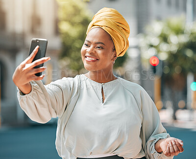 Buy stock photo City, business and black woman with a smile, selfie and confident with happiness, memory and profile picture. Female person, professional or happy entrepreneur with joy, outdoor and social media post