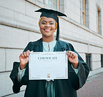 University graduation, certificate and portrait of black woman with school success, college education or award. City, diploma and African student smile for learning milestone, goals or achievement