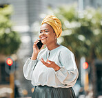 Phone call, African and business woman in city for contact, network and connection in urban town. Travel, corporate worker and female person on smartphone for talking, conversation and communication