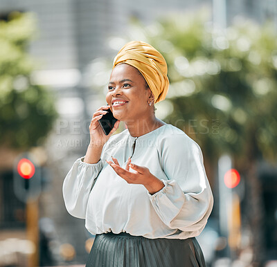 Buy stock photo Phone call, African and business woman in city for contact, network and connection in urban town. Travel, corporate worker and female person on smartphone for talking, conversation and communication