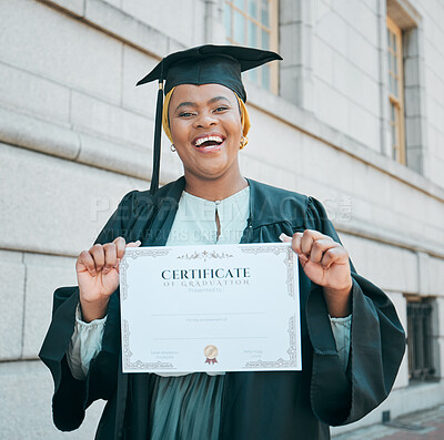Buy stock photo University student, graduation certificate or portrait of black woman excited for school success, college education or degree. Pride, diploma or African student smile for learning achievement in city