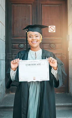 Buy stock photo College student portrait, graduate certificate and black woman happiness for education milestone, career growth or degree. City, university diploma and African person happy for learning achievement