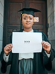 Graduation, confused and poster with portrait of black woman for doubt, question mark and decision. College, study and education with female student  and paper sign for university, emoji and academy