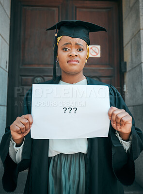 Buy stock photo Graduation, confused and poster with portrait of black woman for doubt, question mark and decision. College, study and education with female student  and paper sign for university, emoji and academy