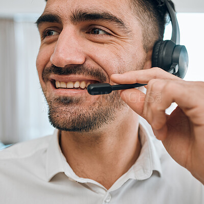 Buy stock photo Call center, man or face of happy consultant for customer service, business support or CRM communication. Salesman, agent and smile with microphone for telemarketing, telecom contact or FAQ questions