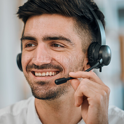 Buy stock photo Telemarketing, face and communication of man, agent or call center for customer service, lead generation or CRM. Happy salesman, consultant or microphone of telecom contact, advisory or FAQ questions