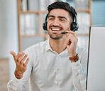 Telemarketing, communication and man in call center for customer service, lead generation or CRM agent. Happy salesman, consultant and contact on microphone of telecom, advisory help or FAQ questions