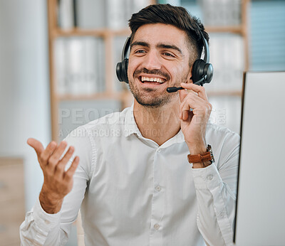 Buy stock photo Telemarketing, communication and man in call center for customer service, lead generation or CRM agent. Happy salesman, consultant and contact on microphone of telecom, advisory help or FAQ questions