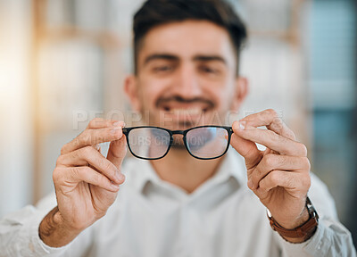 Buy stock photo Hands, man and optometrist with glasses for vision, eyesight and prescription eye care. Closeup of doctor, optician and frame of lens for eyewear, test or consulting for optical healthcare assessment