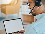 Call center, man and mockup on laptop, screen and customer service consulting, communication or support from the back. Salesman, agent or computer space for telemarketing, web advisory or CRM contact