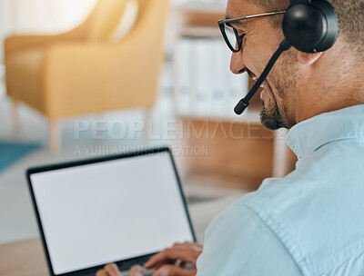 Buy stock photo Call center, man and mockup on laptop, screen and customer service consulting, communication or support from the back. Salesman, agent or computer space for telemarketing, web advisory or CRM contact